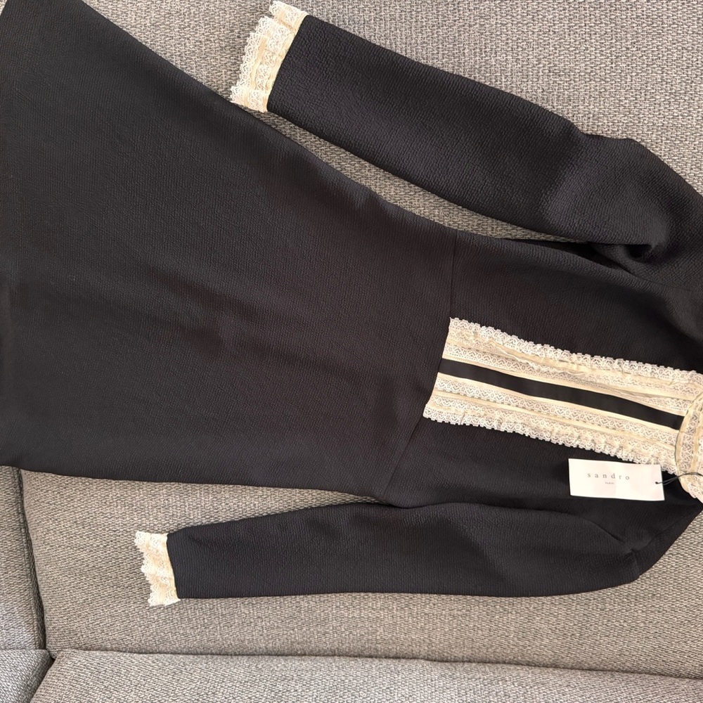 Sandro Black Mini Dress with White Lace Bib Trim Size 34 NWT - Picture 12 of 12